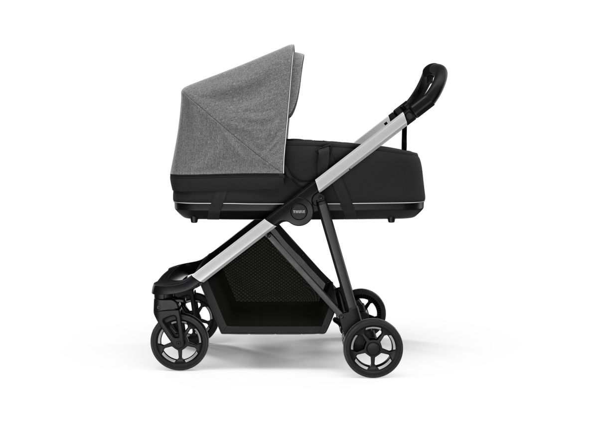 Náhled produktu - Kočárek Thule Shine Grey Melange on Aluminum  + korbička + ochrana proti slunci/dešti Thule