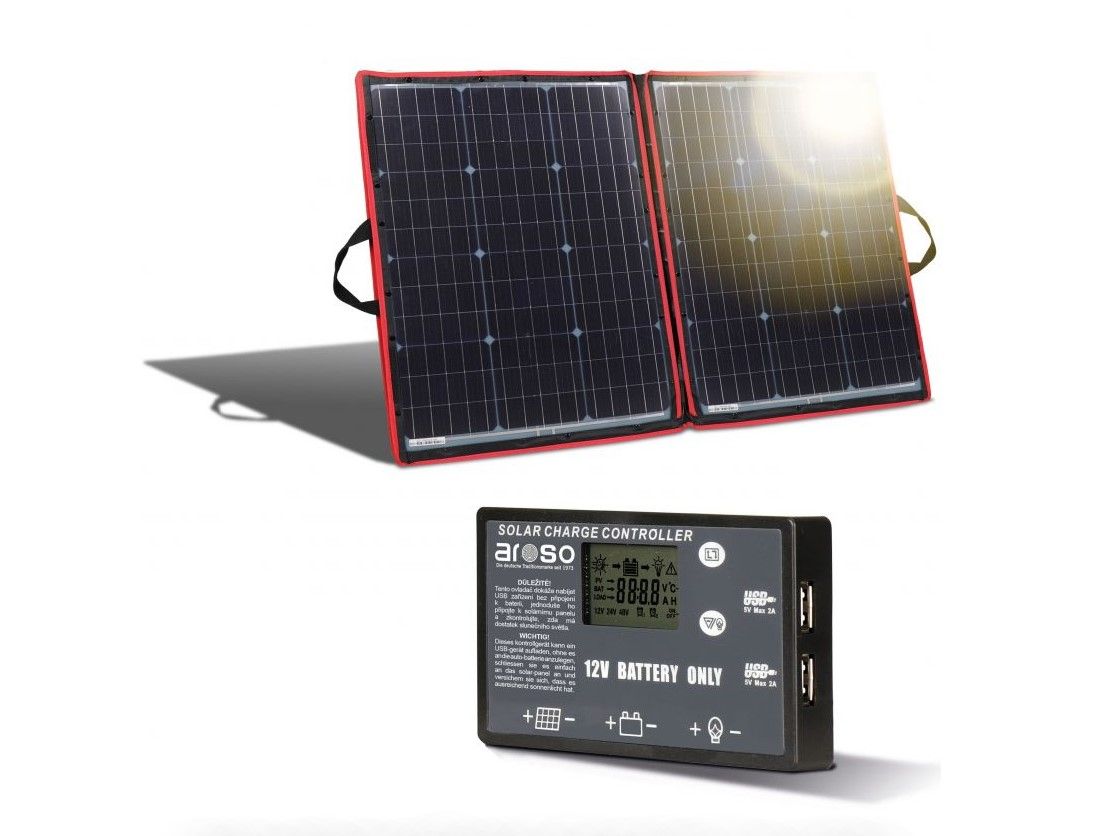 Náhled produktu - Solární panel rozkládací přenosný s PWM regulátorem 110W 12V/24V 106x73cm - do auta / na kempování